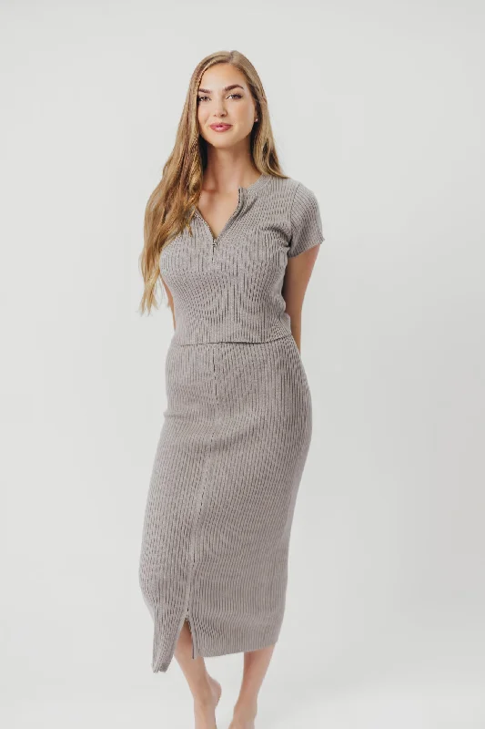 Indy Zipper Front Midi Skirt in Heather Grey