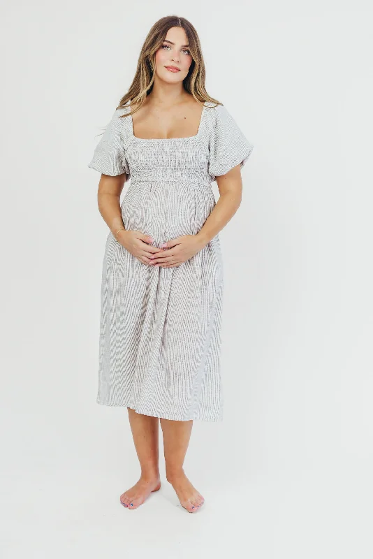 Saige Linen-Blend Midi Dress in Ivory/Black - Bump Friendly & Inclusive Sizing (S-3XL)