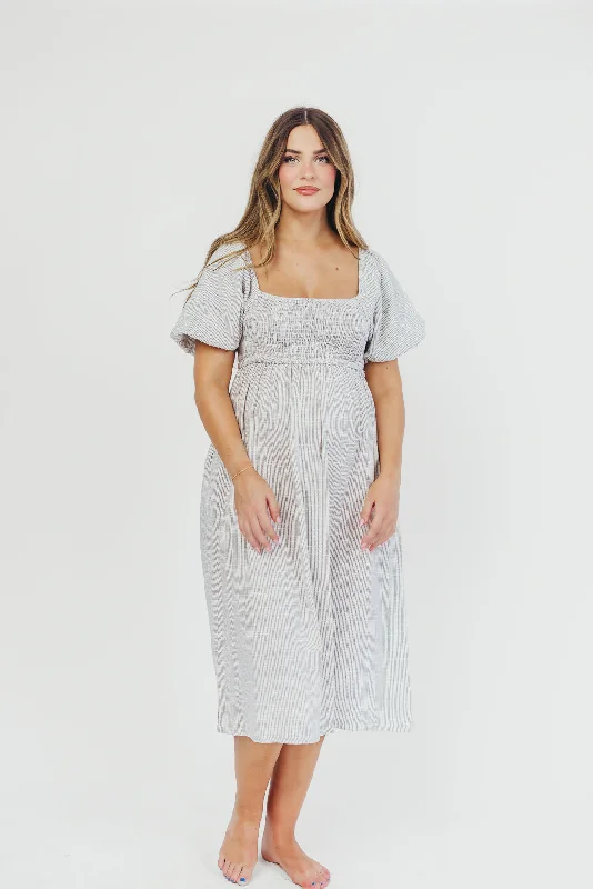 Saige Linen-Blend Midi Dress in Ivory/Black - Bump Friendly & Inclusive Sizing (S-3XL)