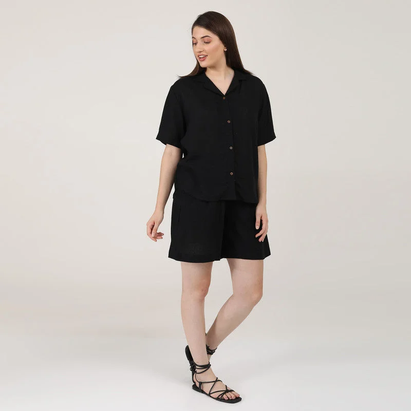 Linen Black Co Ord Set | Shirt & Shorts for Women