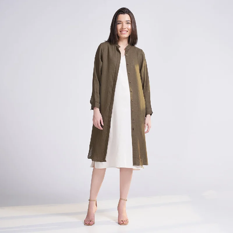 Linen Shirt for Women | Mandarin Collar | Olive