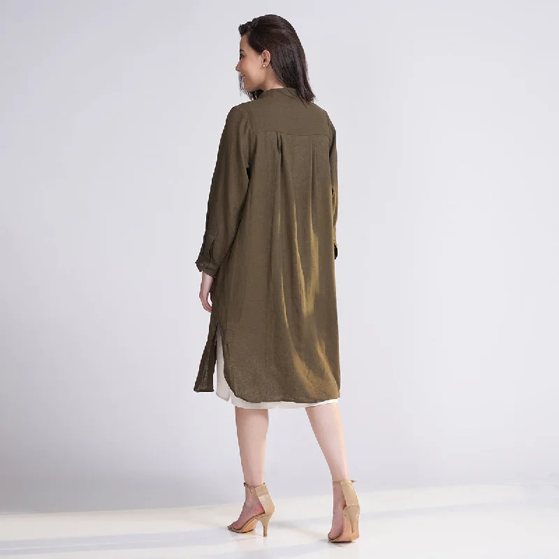 Linen Shirt for Women | Mandarin Collar | Olive