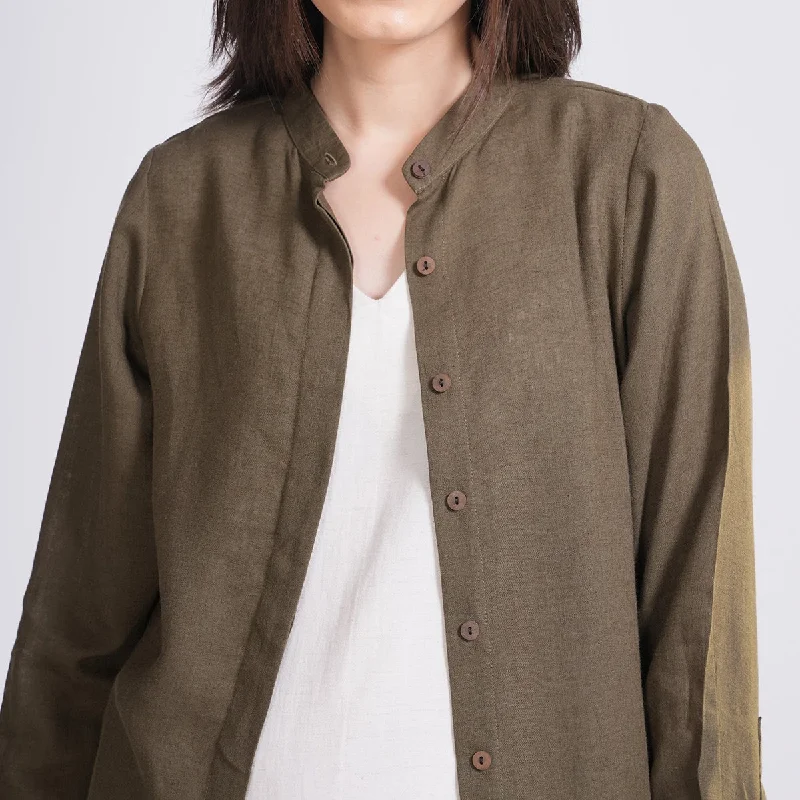 Linen Shirt for Women | Mandarin Collar | Olive