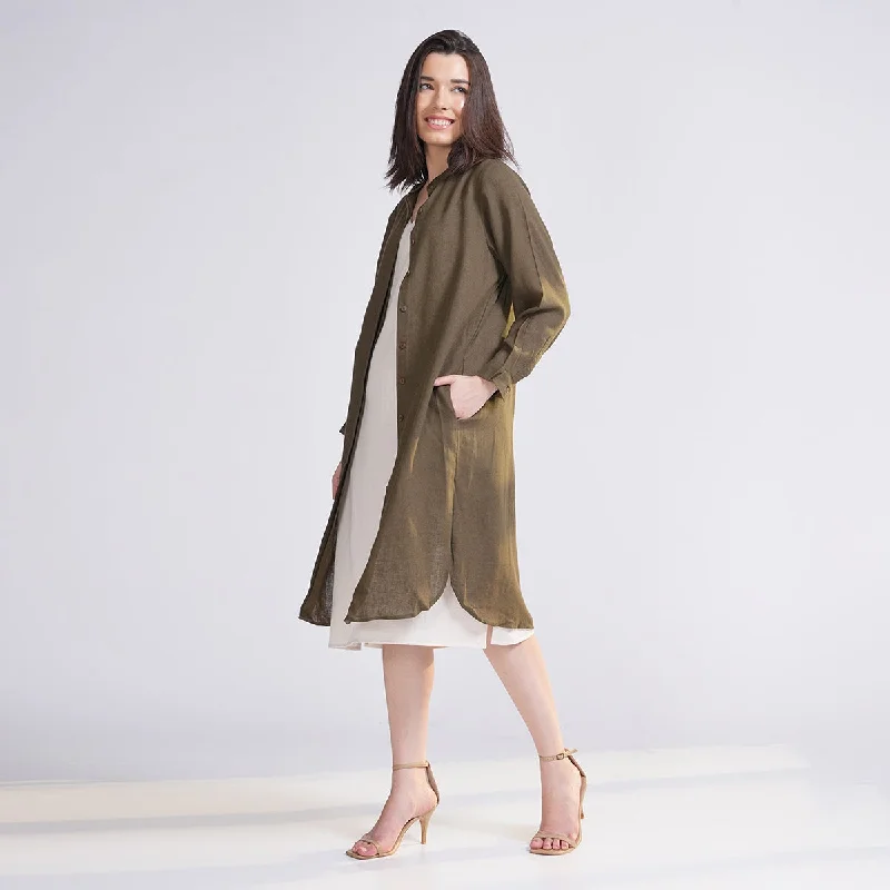 Linen Shirt for Women | Mandarin Collar | Olive