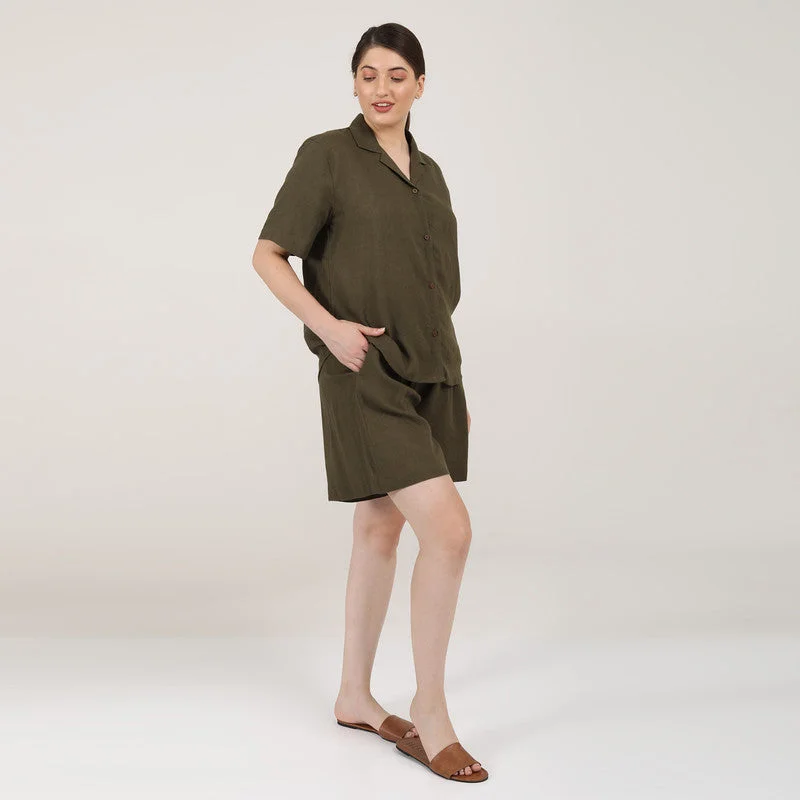 Linen Shirt & Shorts Set | Olive | Co-Ord Set for Women