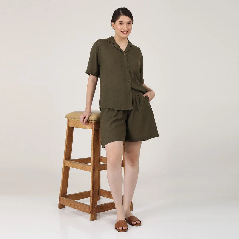 Linen Shirt & Shorts Set | Olive | Co-Ord Set for Women