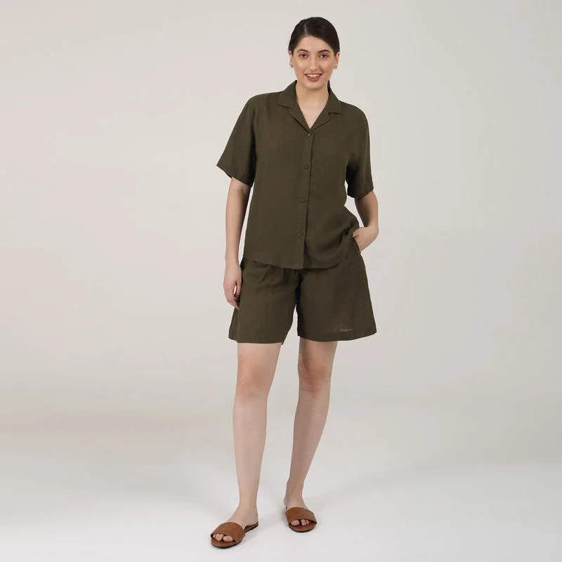 Linen Shirt & Shorts Set | Olive | Co-Ord Set for Women