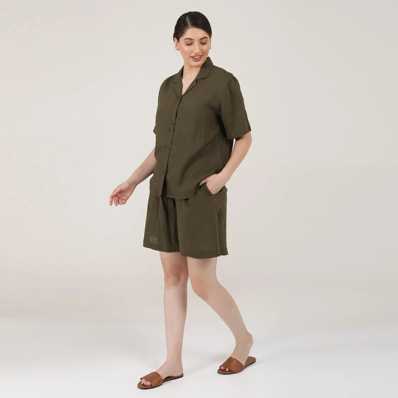 Linen Shirt & Shorts Set | Olive | Co-Ord Set for Women