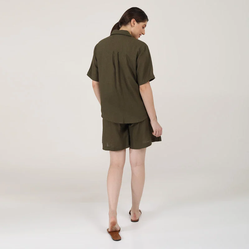 Linen Shirt & Shorts Set | Olive | Co-Ord Set for Women