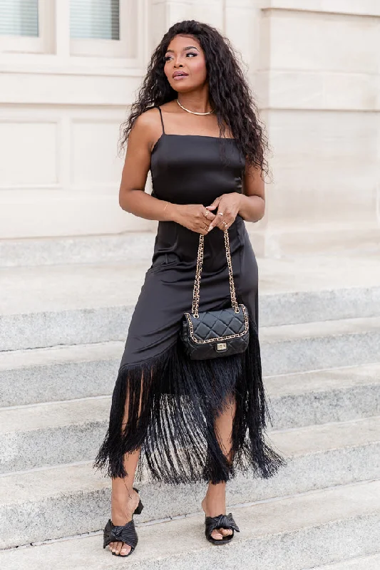 Save Myself Black Tank Fringe Trim Midi Dress