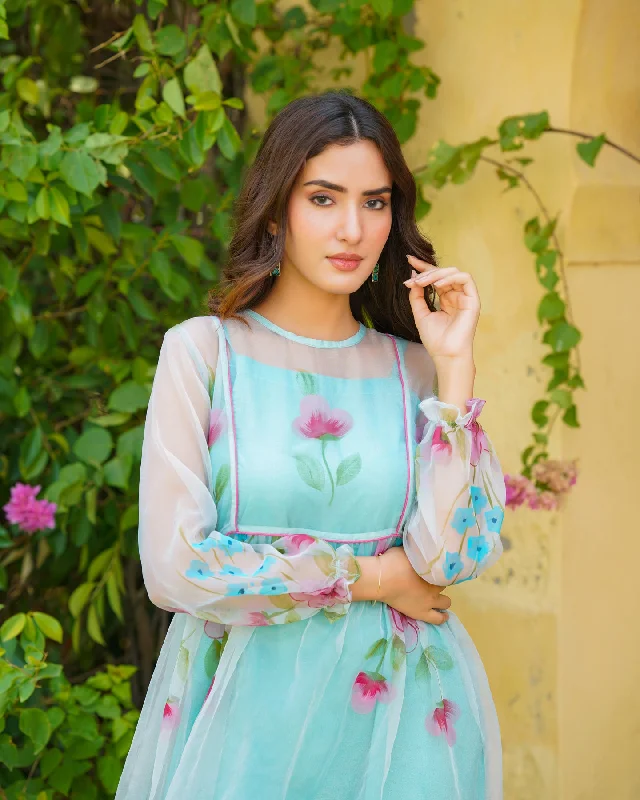 Sheer Blue Handpainted Floral Dress