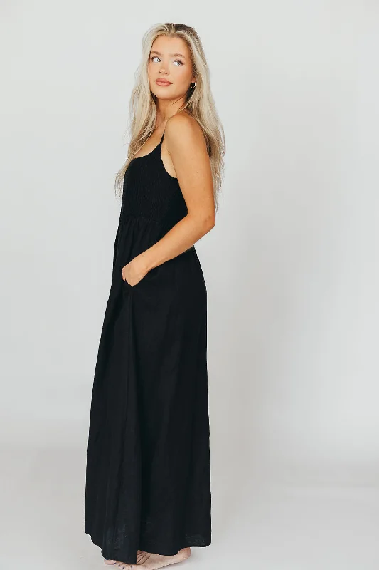 Josefina Smocked Midi Dress in Black - Bump Friendly