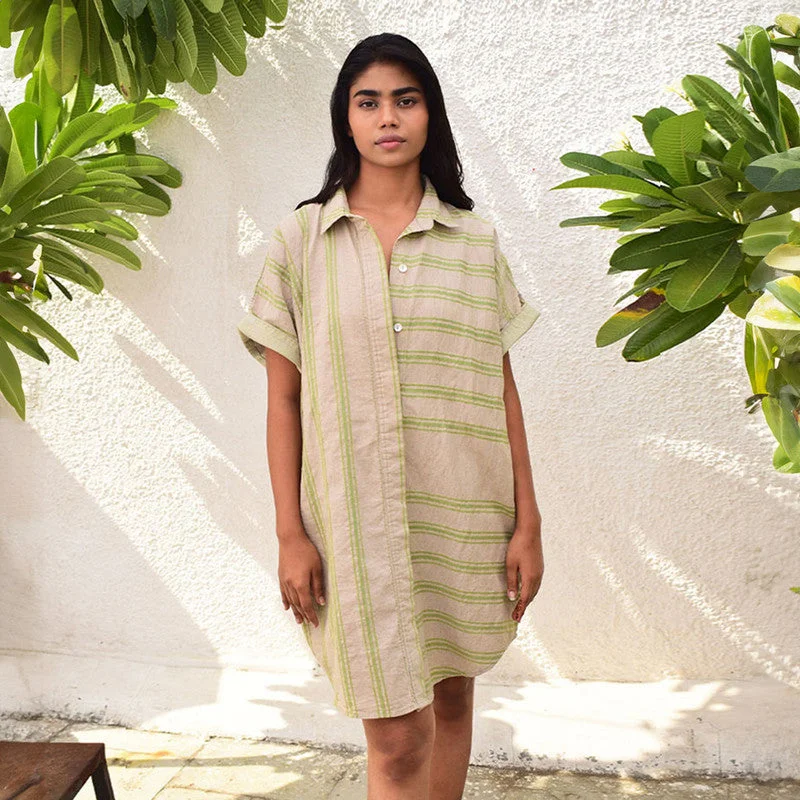 Organic Linen Oversized Shirt Dress | Striped | Beige & Green