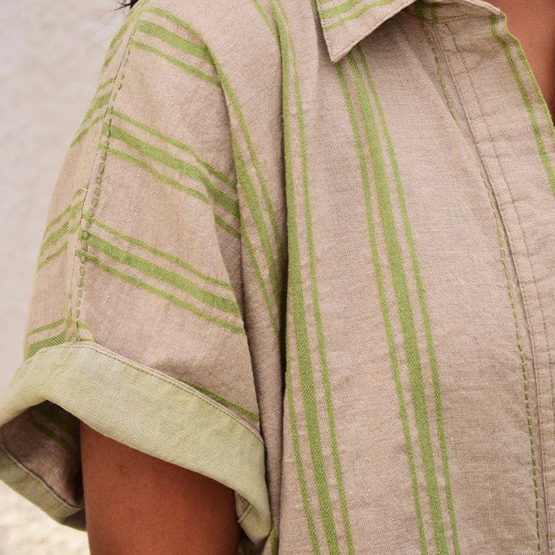 Organic Linen Oversized Shirt Dress | Striped | Beige & Green