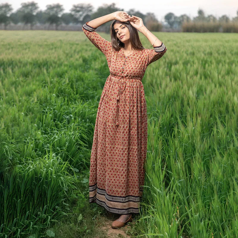 Cotton A-Line Dress for Women | Handblock Printed | Brown