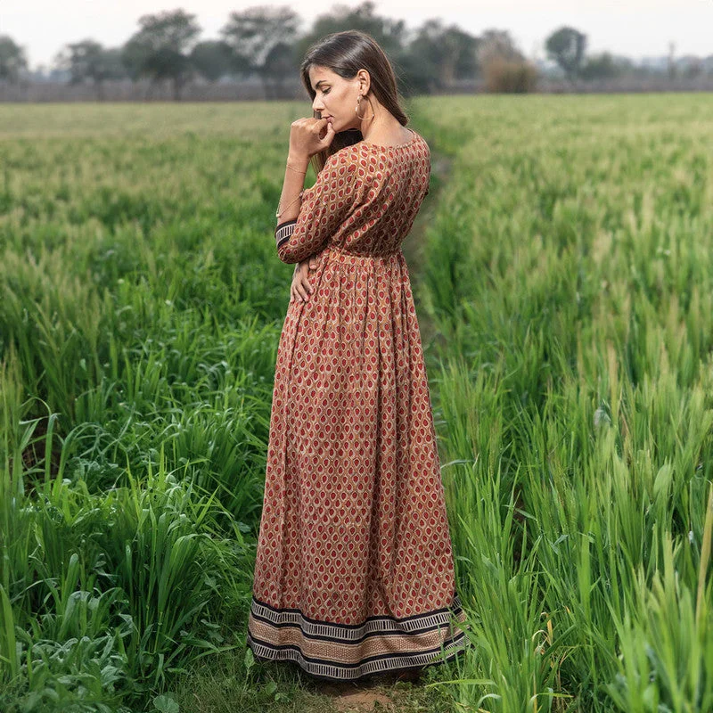 Cotton A-Line Dress for Women | Handblock Printed | Brown