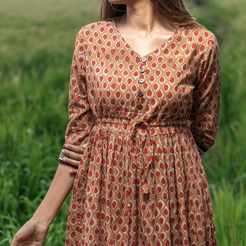 Cotton A-Line Dress for Women | Handblock Printed | Brown