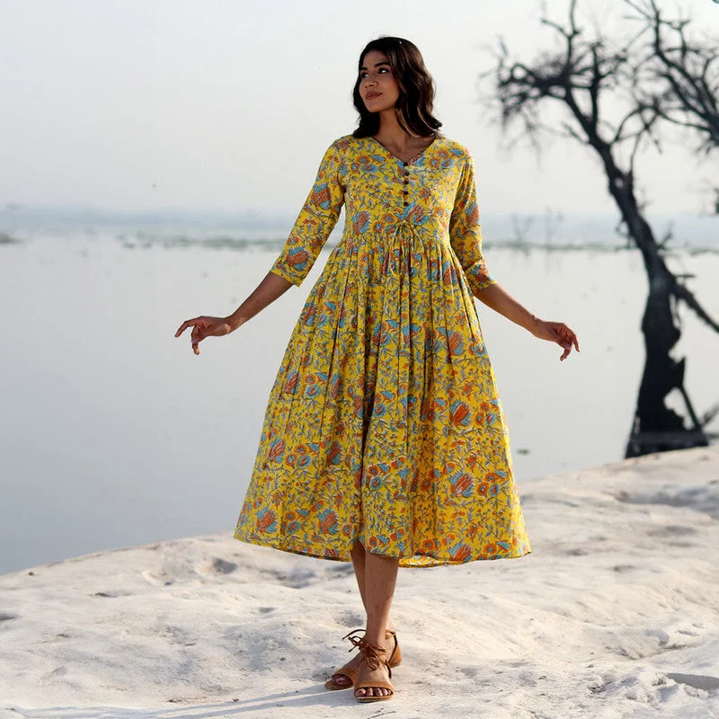 Cotton A-Line Dress for Women | Handblock Printed | Mustard