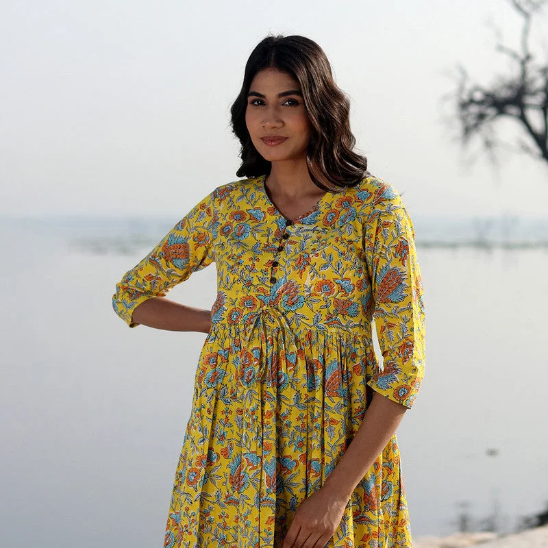 Cotton A-Line Dress for Women | Handblock Printed | Mustard