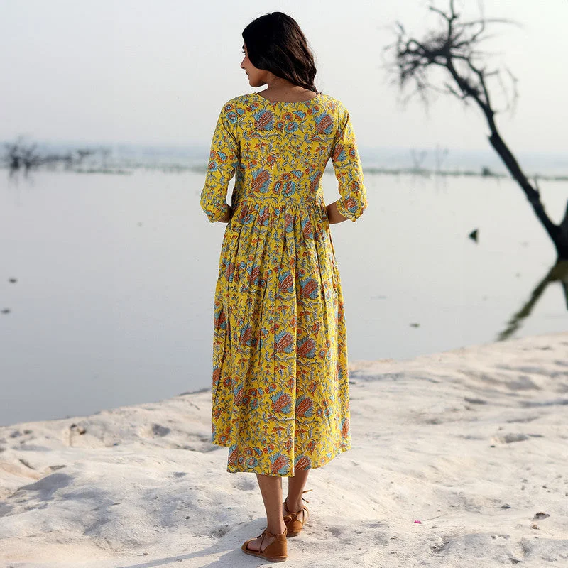 Cotton A-Line Dress for Women | Handblock Printed | Mustard