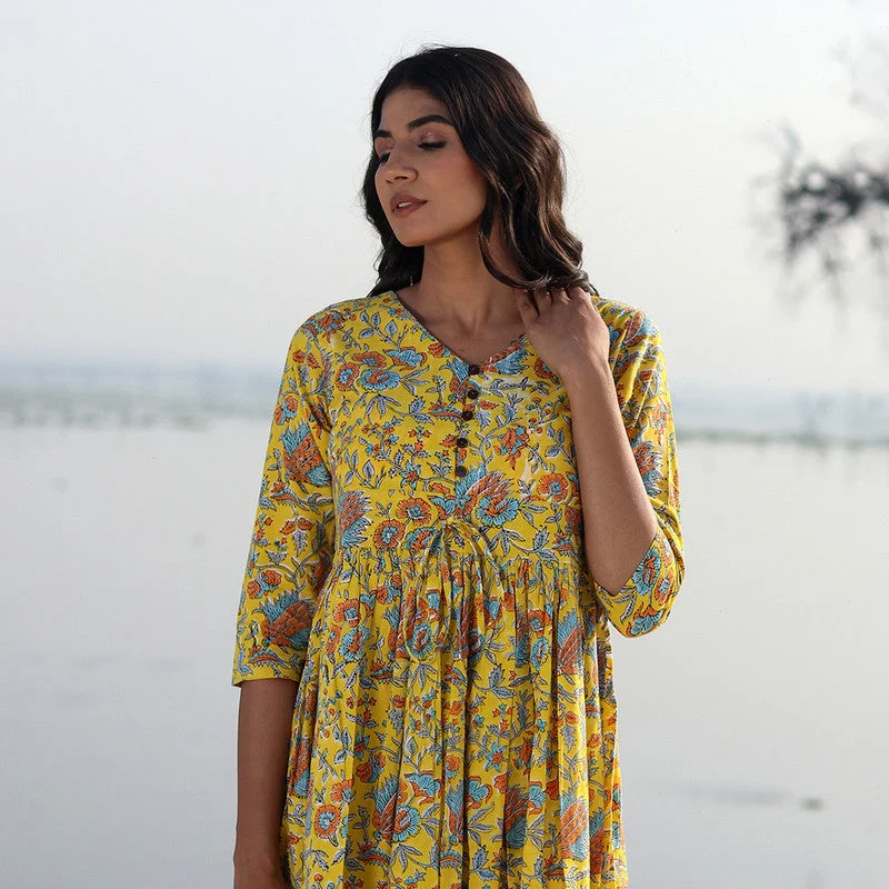 Cotton A-Line Dress for Women | Handblock Printed | Mustard