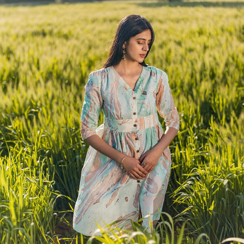 Cotton Flowy Dress for Women | Handmarble Printed | Green