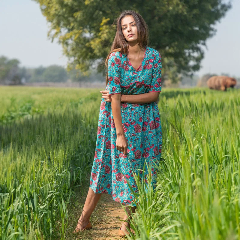 Cotton Printed Dress for Women | Handblock Print | Teal Blue