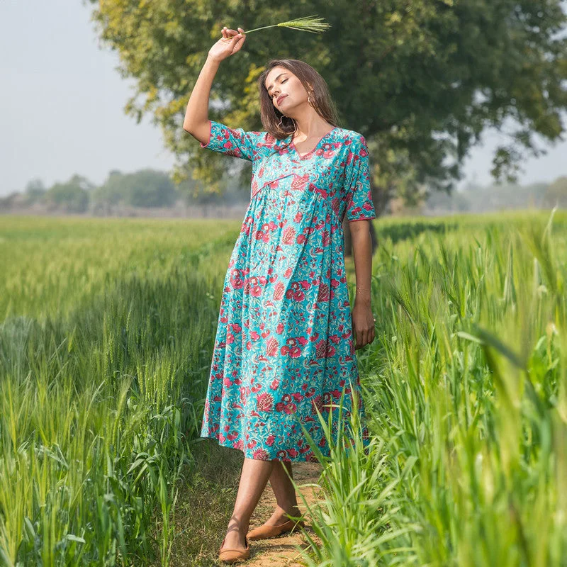 Cotton Printed Dress for Women | Handblock Print | Teal Blue