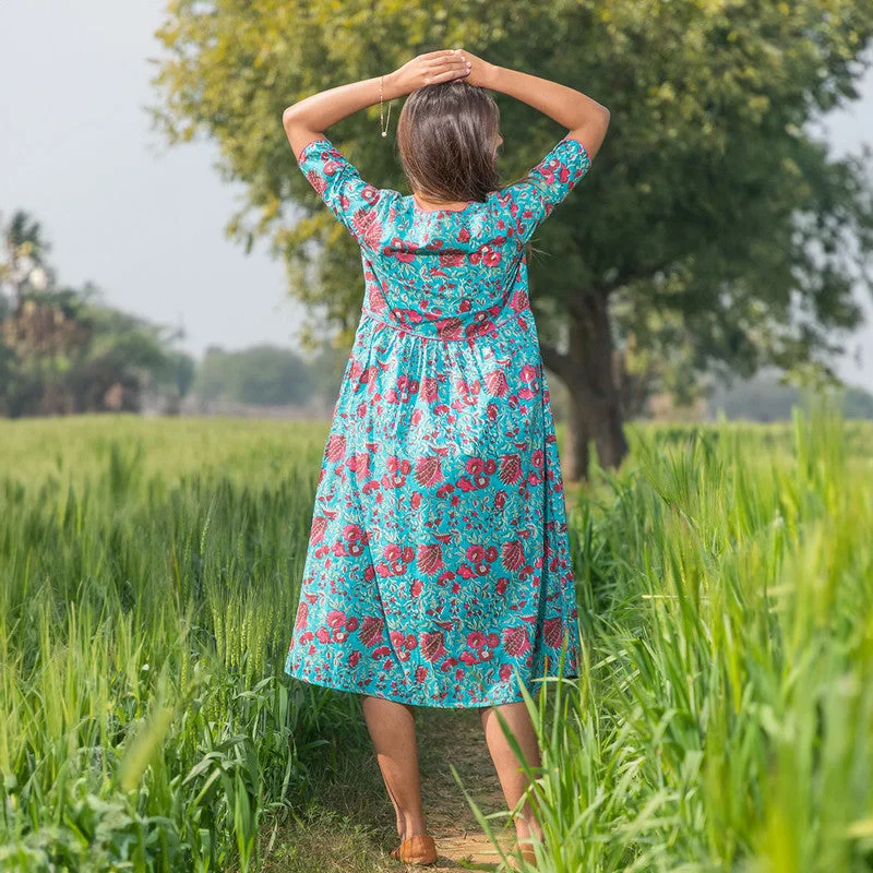 Cotton Printed Dress for Women | Handblock Print | Teal Blue