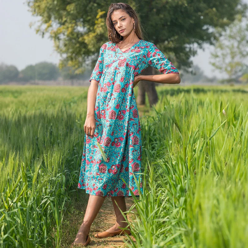 Cotton Printed Dress for Women | Handblock Print | Teal Blue