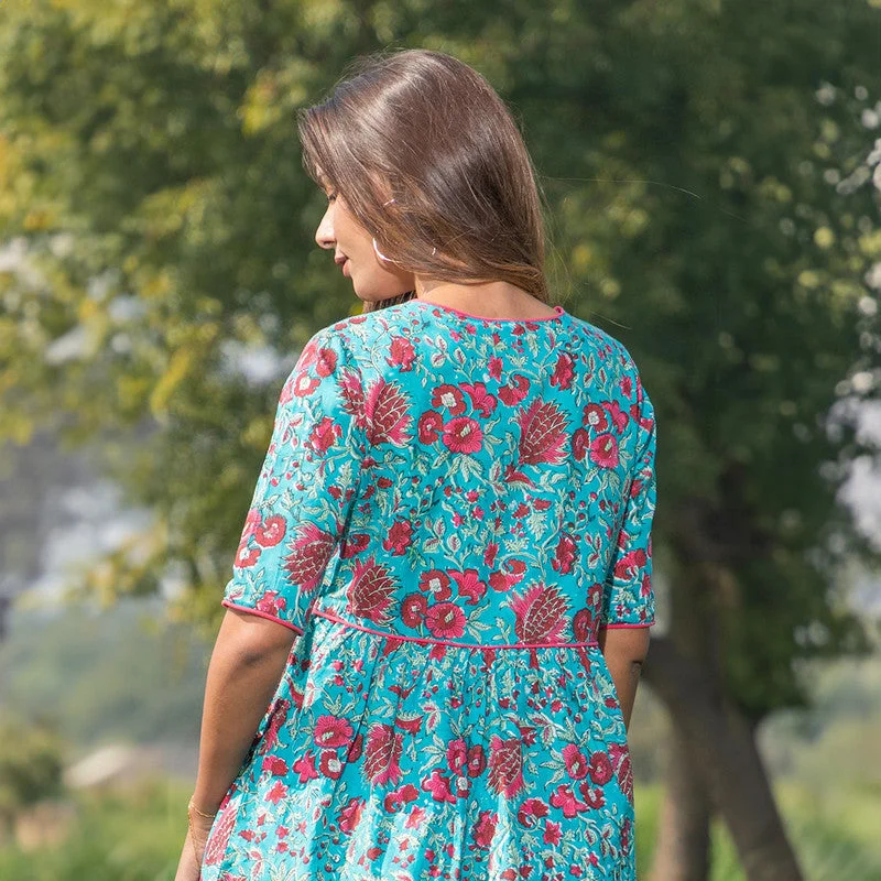 Cotton Printed Dress for Women | Handblock Print | Teal Blue