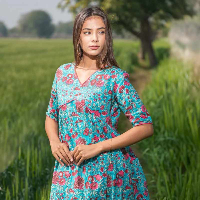 Cotton Printed Dress for Women | Handblock Print | Teal Blue