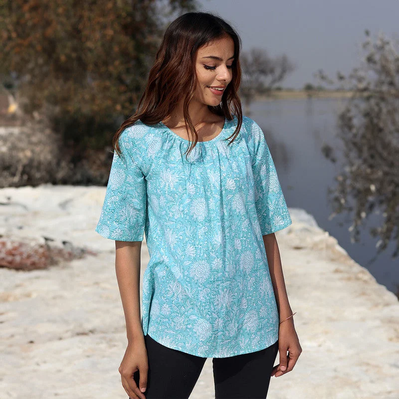 Cotton Printed Top for Women | Floral Block Print | Sky Blue