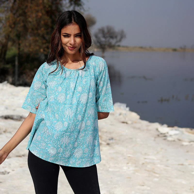 Cotton Printed Top for Women | Floral Block Print | Sky Blue