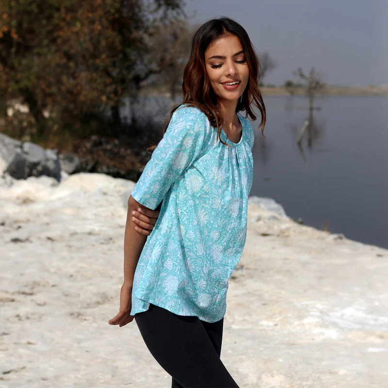 Cotton Printed Top for Women | Floral Block Print | Sky Blue