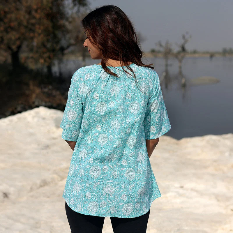 Cotton Printed Top for Women | Floral Block Print | Sky Blue