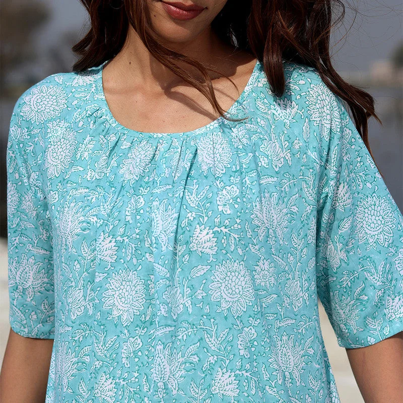 Cotton Printed Top for Women | Floral Block Print | Sky Blue