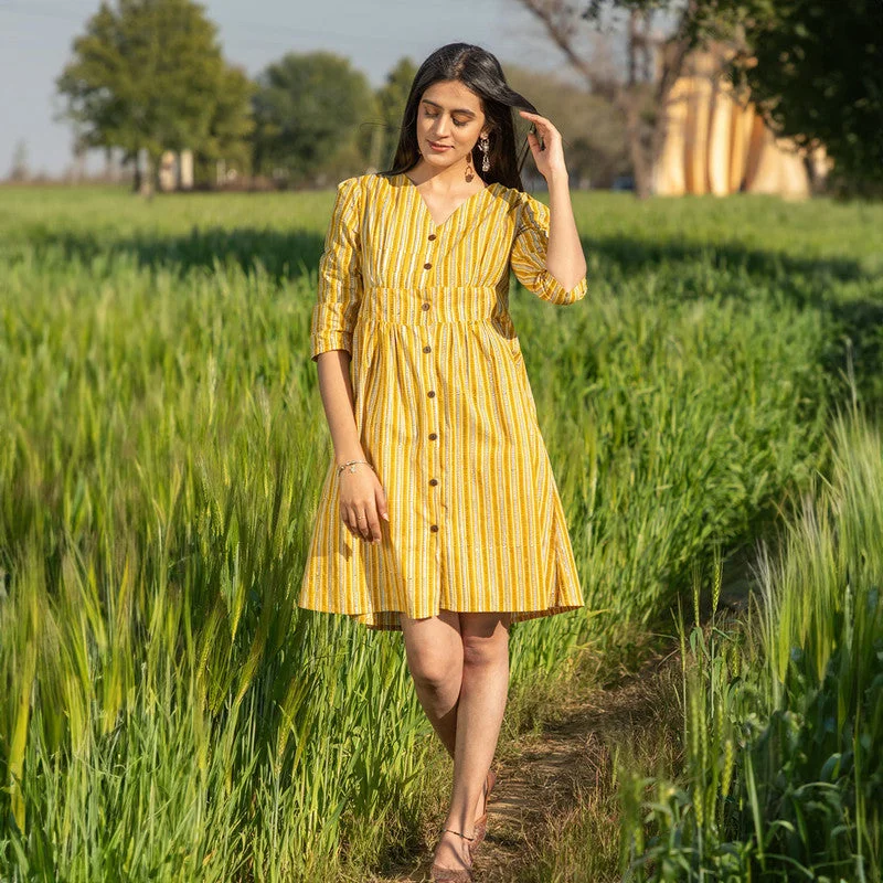 Cotton Short Dress for Women | Handblock Printed | Yellow