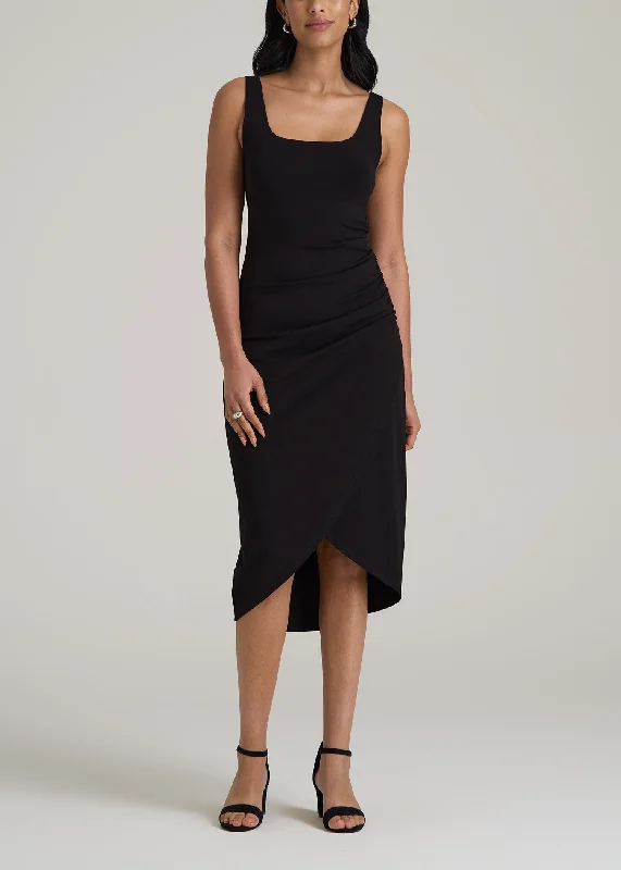 Squareneck Ruched Jersey Dress for Tall Women in Black