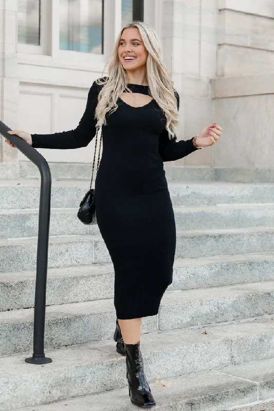 Still Night Black Long Sleeve Midi Dress