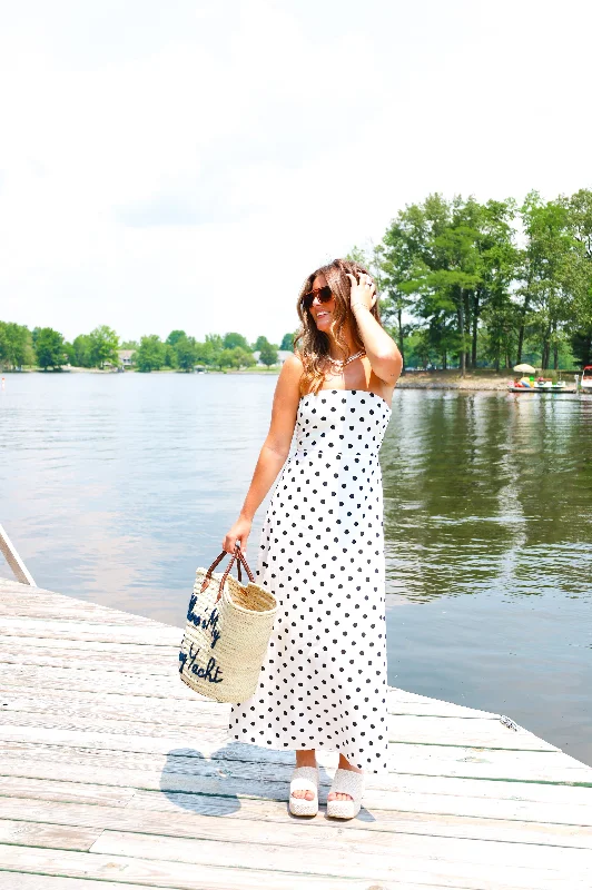 STRAPLESS BLACK AND WHITE POLKA DOT MAXI