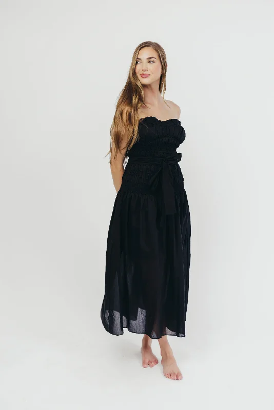 Devin Strapless Midi Dress with Sash in Black