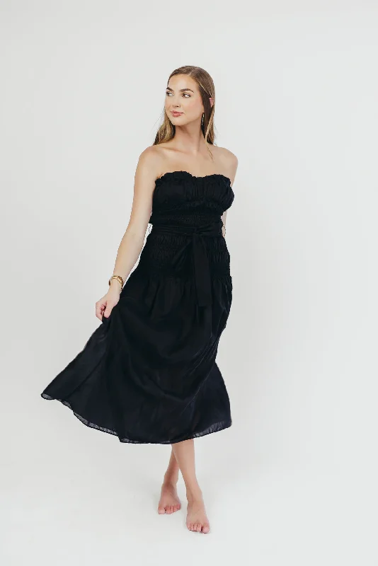 Devin Strapless Midi Dress with Sash in Black