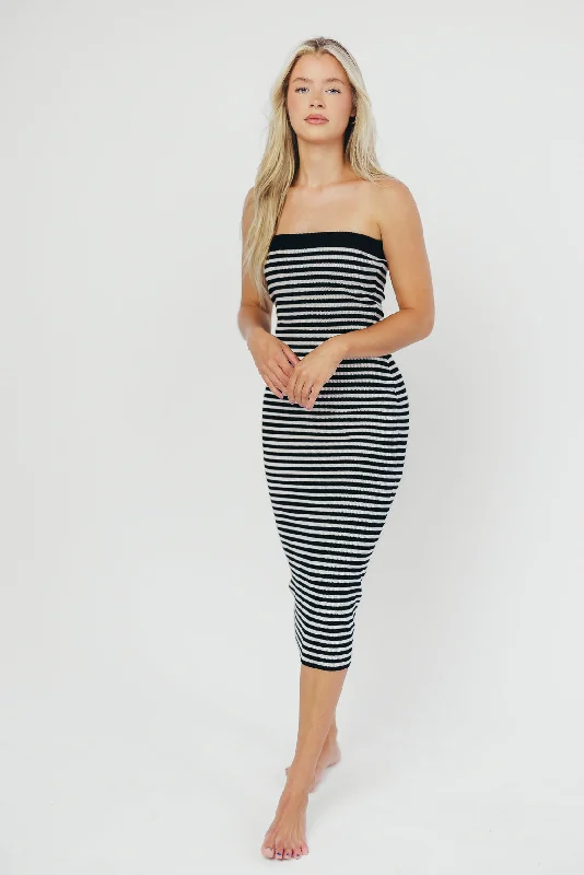 Krissa Strapless Knit Sweater Midi Dress in Black Stripe