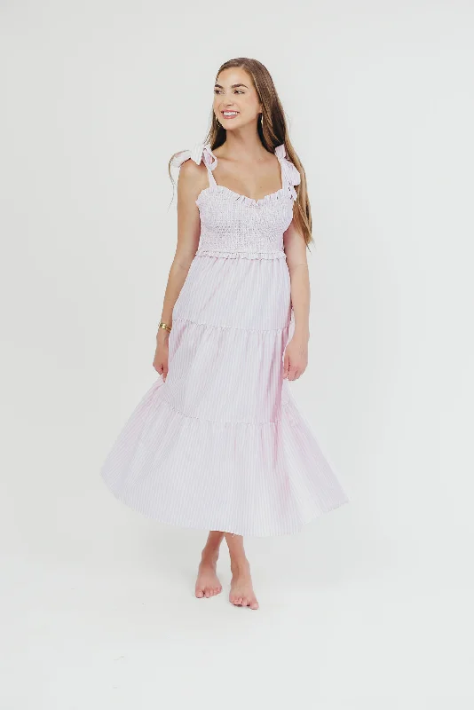 Lizzie Striped Midi Dress with Sweetheart Neckline and Ruffle Accents in Pink/White - Bump Friendly