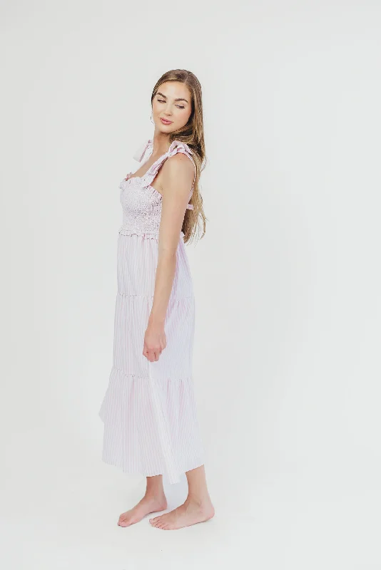 Lizzie Striped Midi Dress with Sweetheart Neckline and Ruffle Accents in Pink/White - Bump Friendly