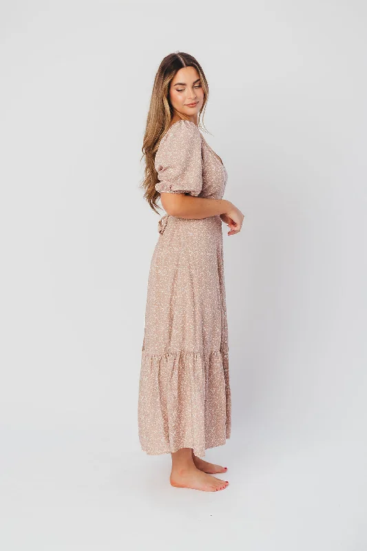 Ellington Button-Down Midi Dress with Sweetheart Neckline in Beige Floral - Nursing Friendly