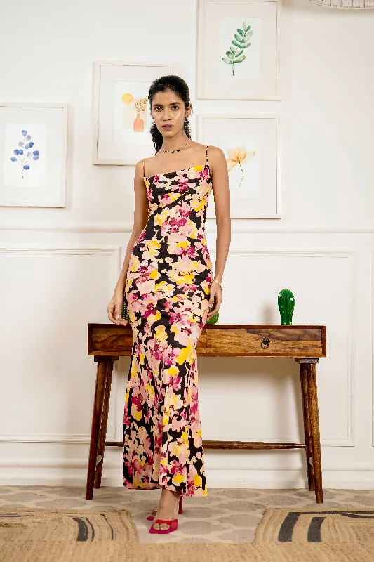 Tempting tales - black floral cowl neck maxi dress