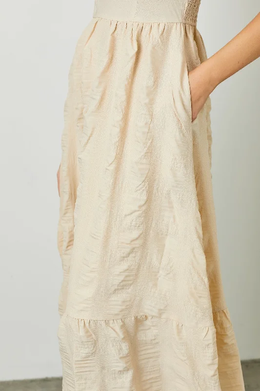 Baker Textured Woven Midi Dress with Square Neckline in Cream