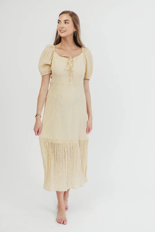 Jessie Textured Woven Midi Dress with Tie Front in Natural